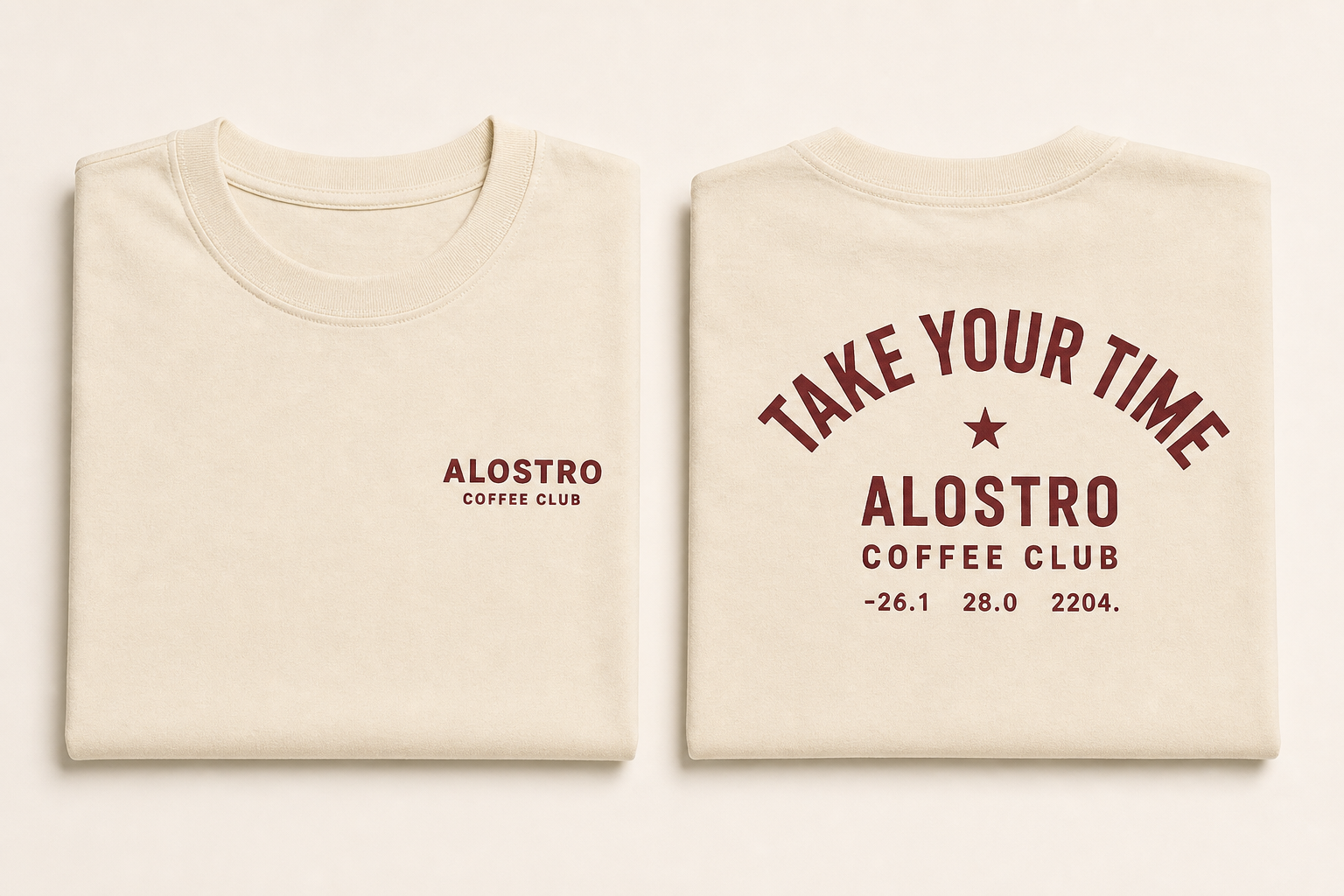 Alostro Coffee Club Casual T-Shirt — Crema / Burgundy Red Print